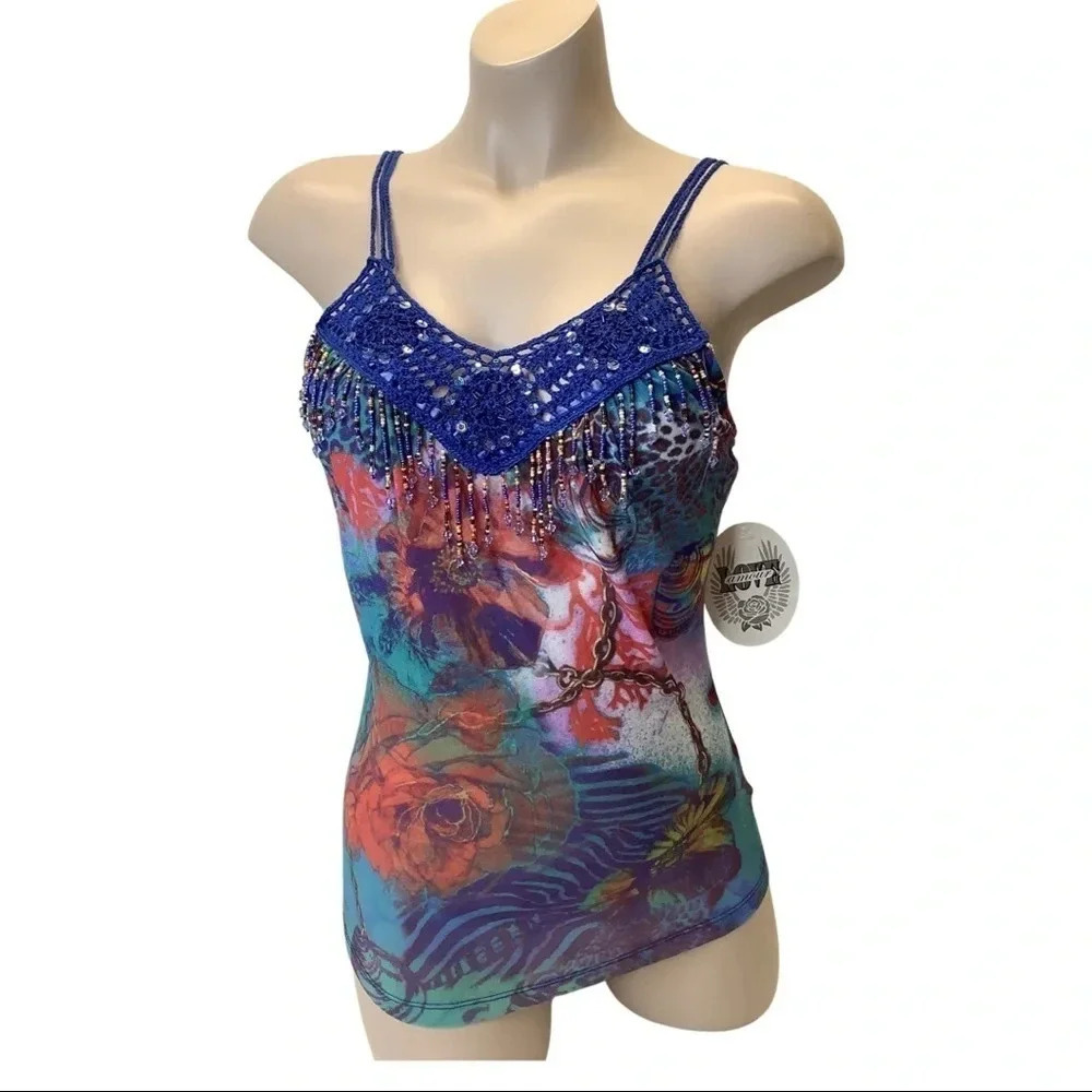 Love Amour Size Medium Made In USA Knitted Sublimation & Beads Top New With Tags